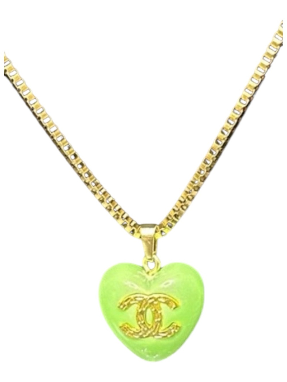 CC Gold Chain Necklace with Lime Green Heart Pendant(stamped) - Picture 4 of 8